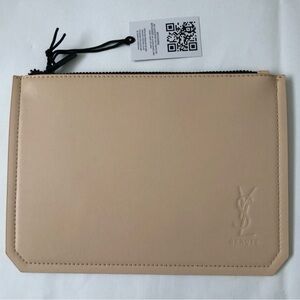 YSL YVES SAINT LAURENT Beaute Beige Faux Leather Pouch Cosmetic Makeup Bag NEW